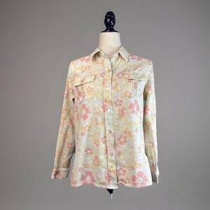 Kate Hill Shirt M Floral‎ Pink Beige Button Up Tunic Top Blouse 60s Mod Print